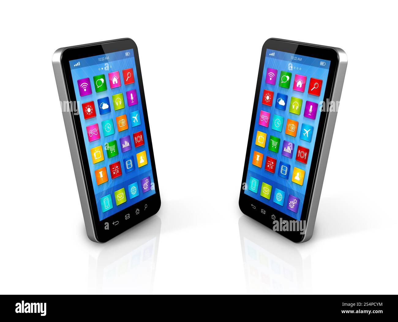 Scambio di smartphone 3D - interfaccia icone app - isolata su bianco con percorso di ritaglio. Scambio di smartphone Foto Stock