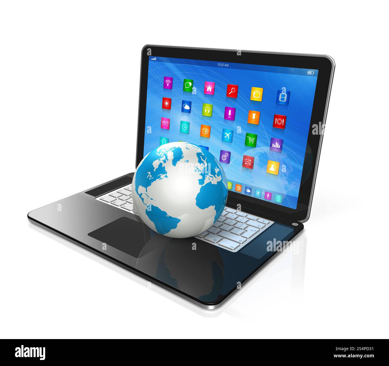 Computer portatile 3D e World Globe - interfaccia delle icone delle app - isolata su bianco. Computer portatile e World Globe Foto Stock