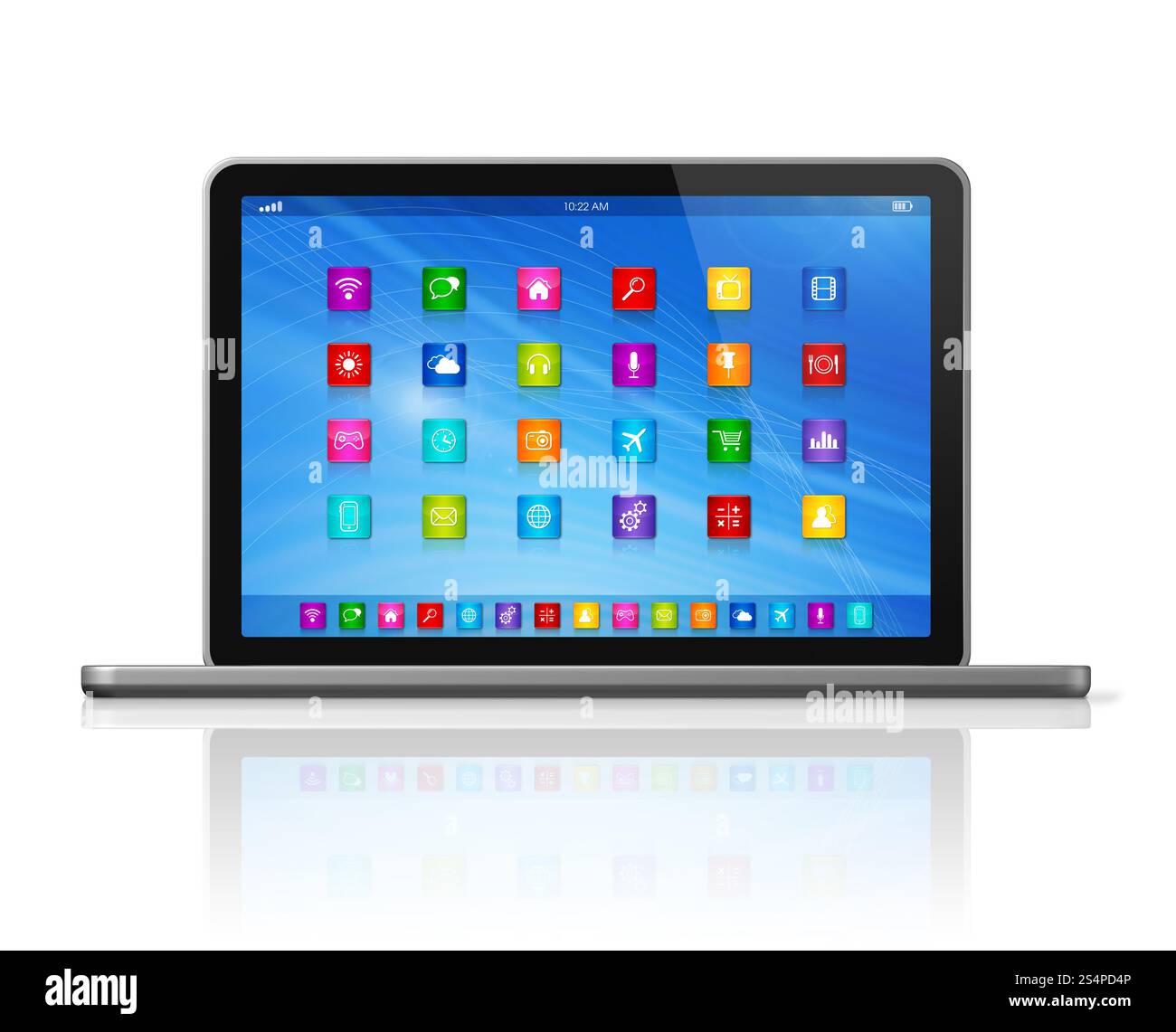 Computer portatile 3D - interfaccia delle icone delle app - isolato su bianco con percorso di ritaglio. Computer portatile - interfaccia delle icone delle app Foto Stock