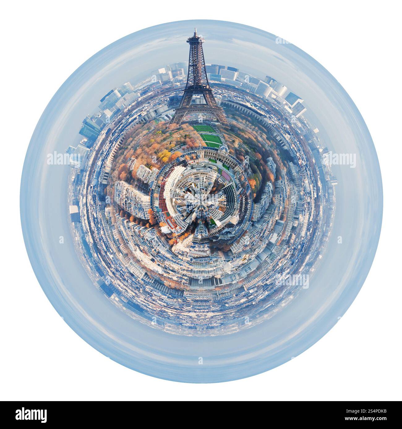 Piccolo pianeta - torre eiffel e urban panorama sferica di Parigi isolati su sfondo bianco Foto Stock