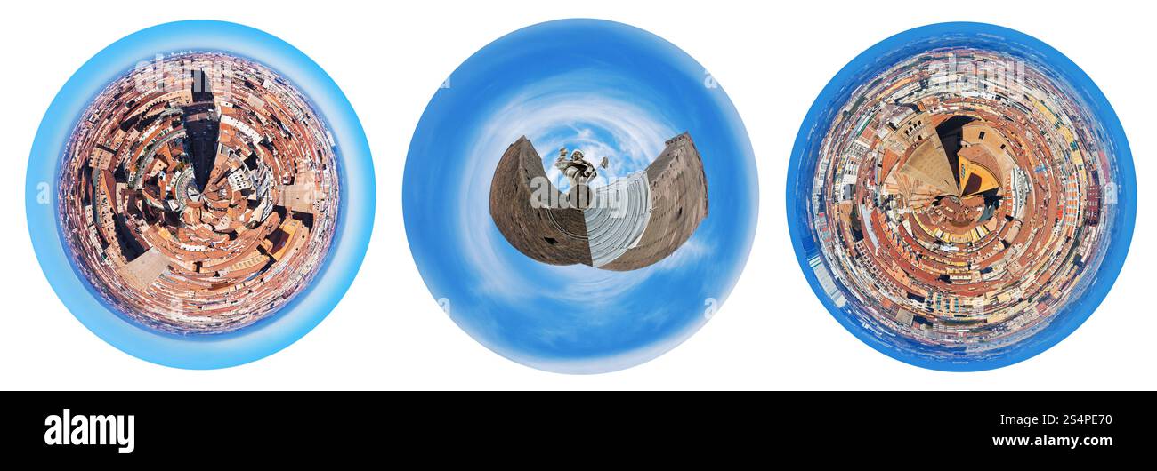 Viste sferica del centro di Bologna e due torri con la statua di San Petronio, Italia Foto Stock