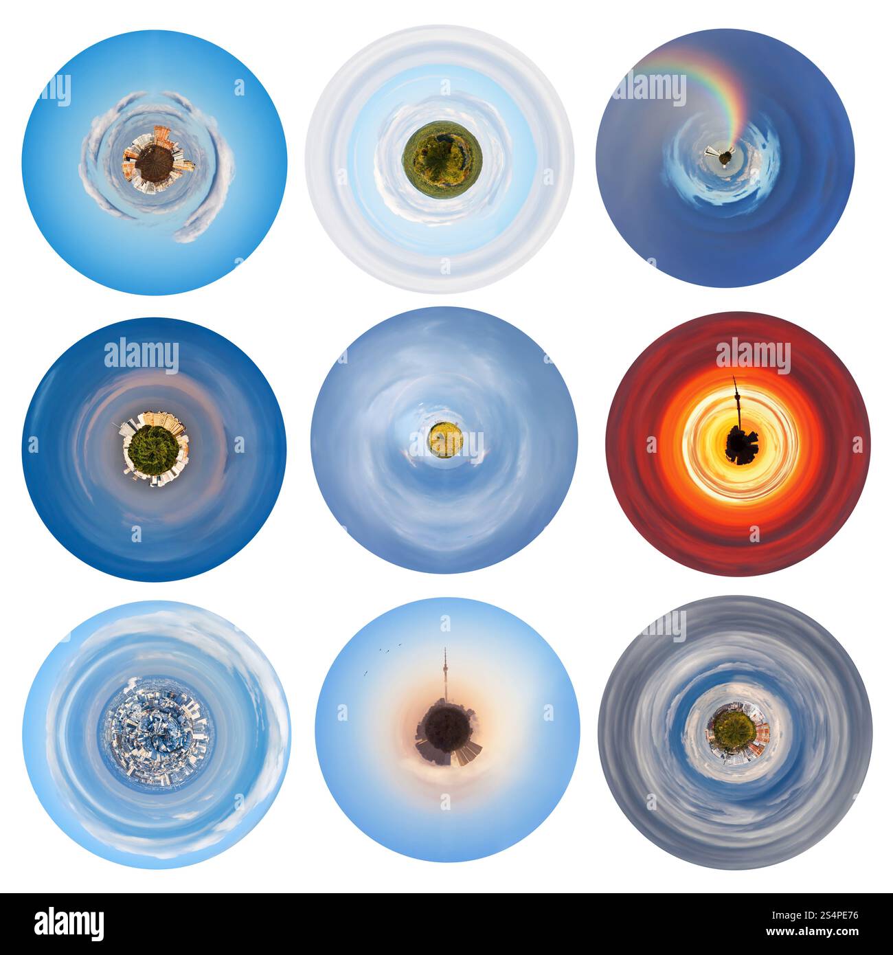 Set di sferica leggermente stilizzati pianeti urbano in ambiente Foto Stock