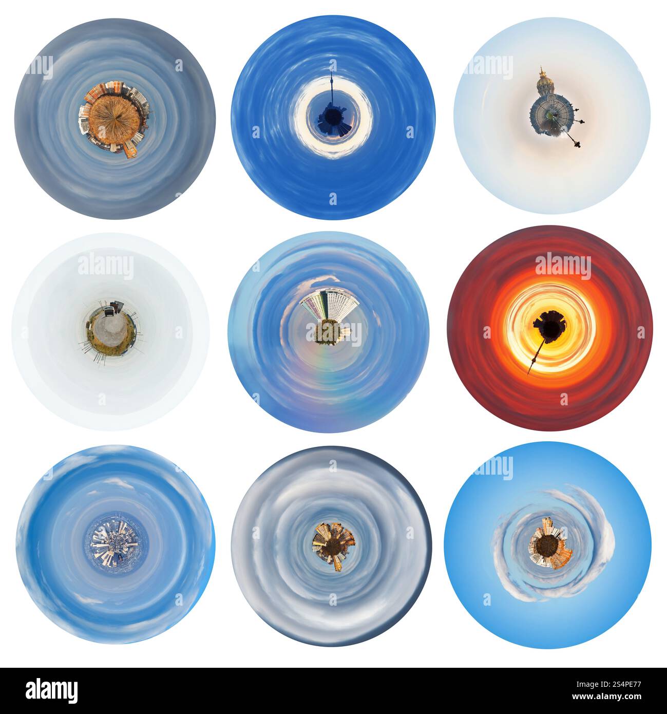 Set di forma sferica stilizzata piccoli pianeti urbano in ambiente Foto Stock