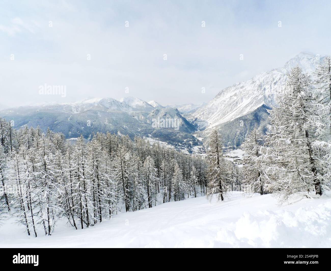 Neve pendio di montagna nella regione sciistica Via Lattea (Via Lattea), Sestriere, Italia Foto Stock
