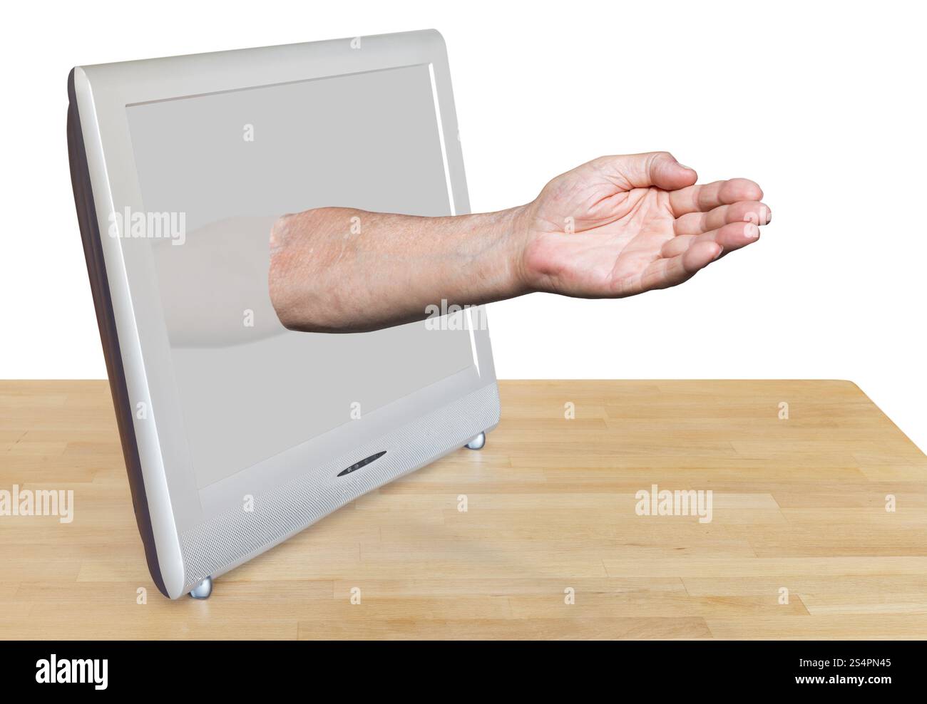 Lavoratore mano conduce fuori schermo TV isolato su sfondo bianco Foto Stock