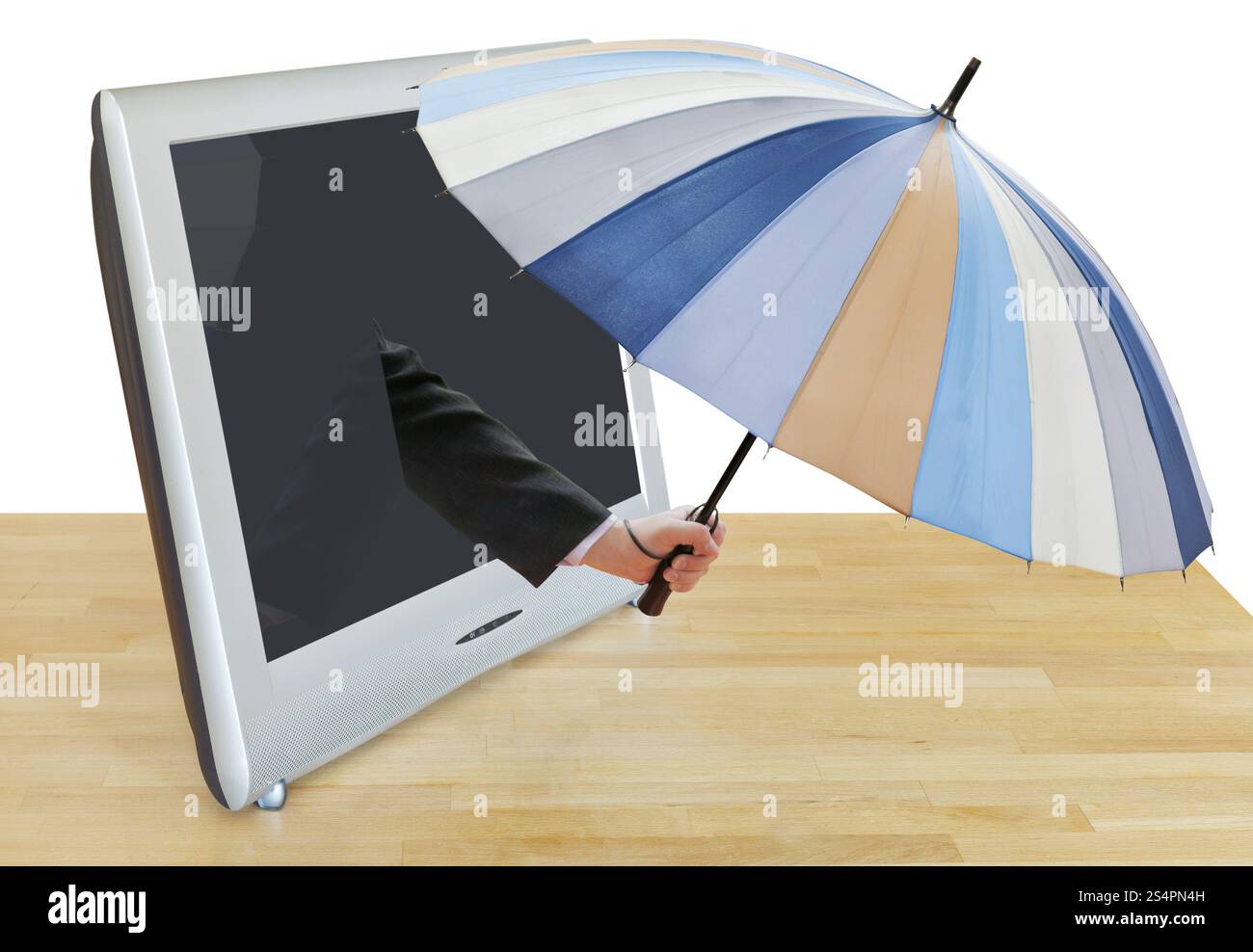 Previsioni meteo - Braccio con ombrello a strisce si affaccia sullo schermo del televisore isolati su sfondo bianco Foto Stock