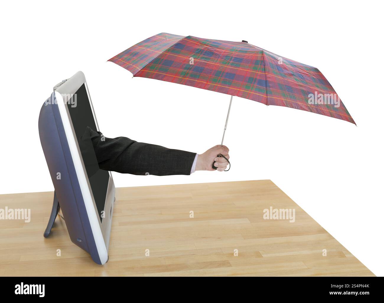 Previsioni meteo - mano con ombrello a scacchi salta fuori schermo TV isolato su sfondo bianco Foto Stock