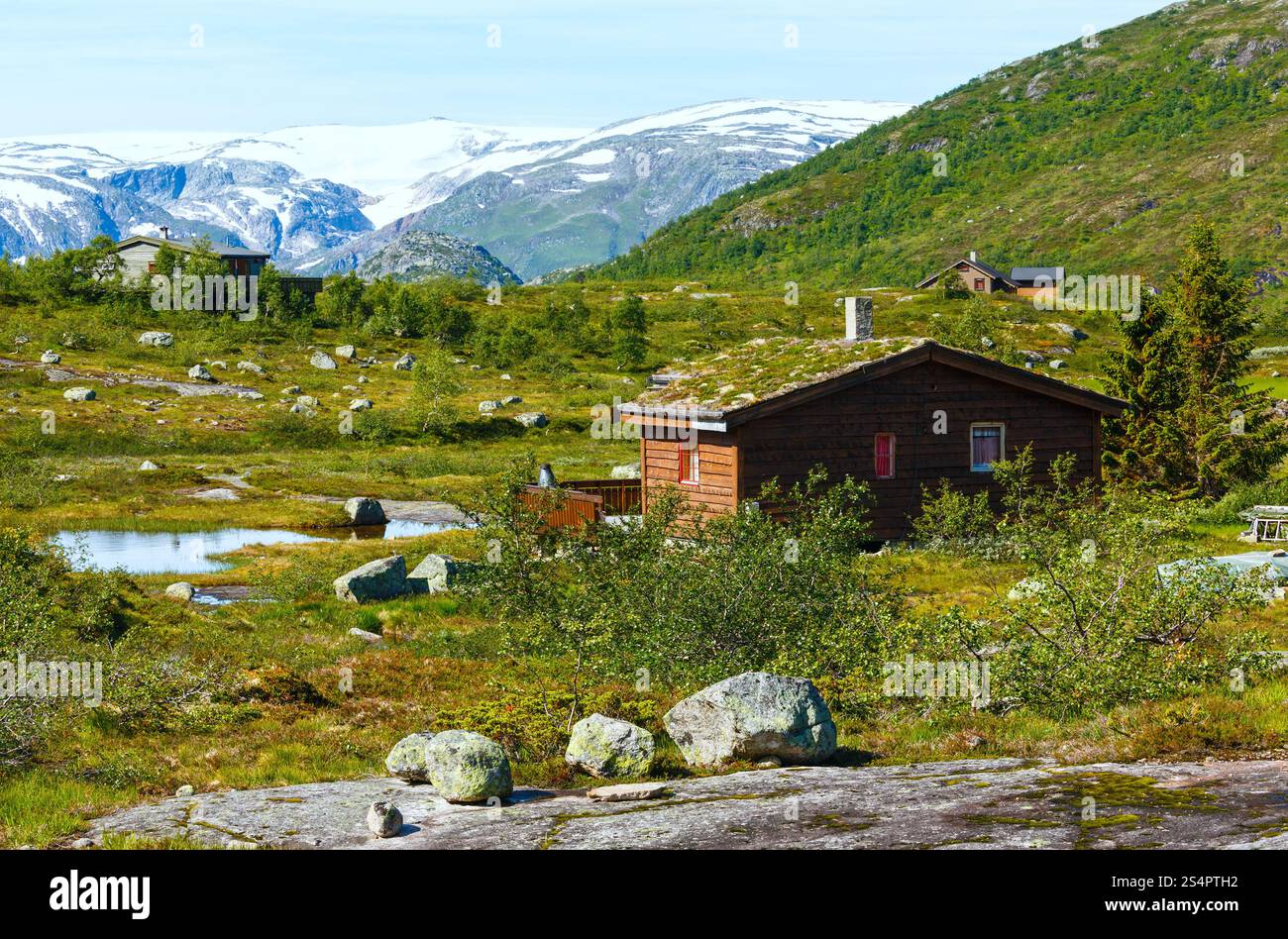 Estate paesaggio di montagna con casa in legno (Norvegia). Foto Stock