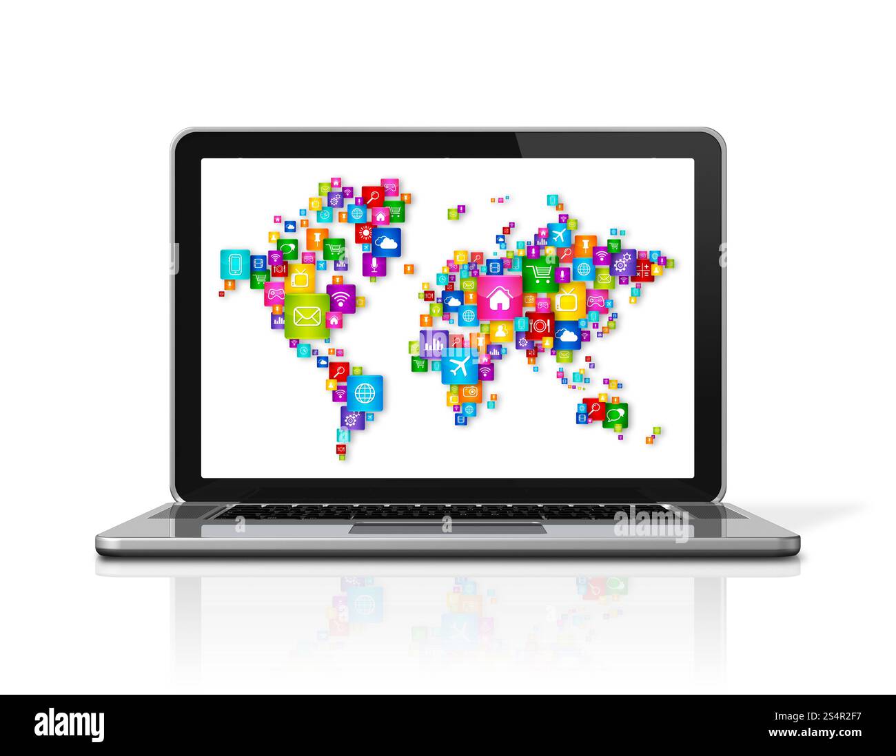 Computer portatile 3D isolato su bianco con percorso di ritaglio. Concetto mondiale di cloud computing. Notebook di cloud computing Foto Stock