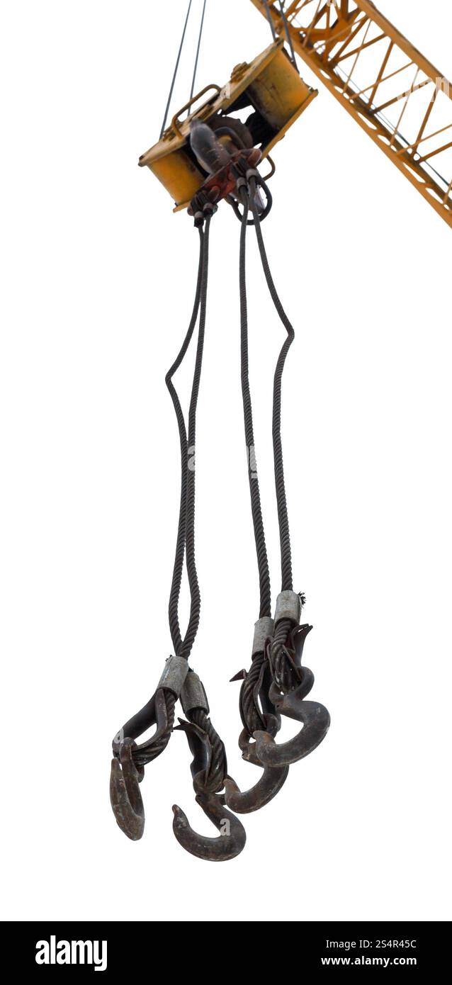 Ganci di sollevamento del braccio della gru isolati su sfondo bianco Foto Stock