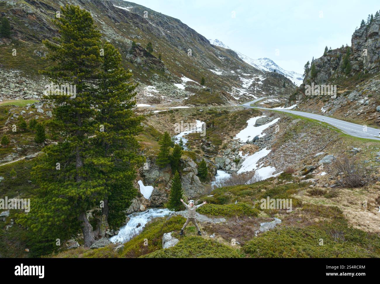 Estate paesaggio di montagna con road, stream e ragazzo vicino (Fluela Pass, Svizzera) Foto Stock