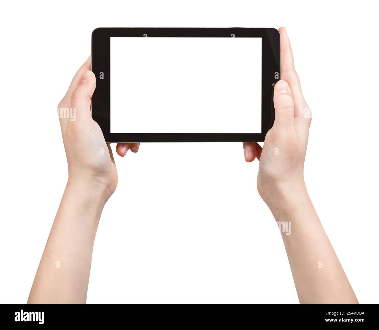 Mani tablet pc con taglio fuori schermo isolato su sfondo bianco Foto Stock