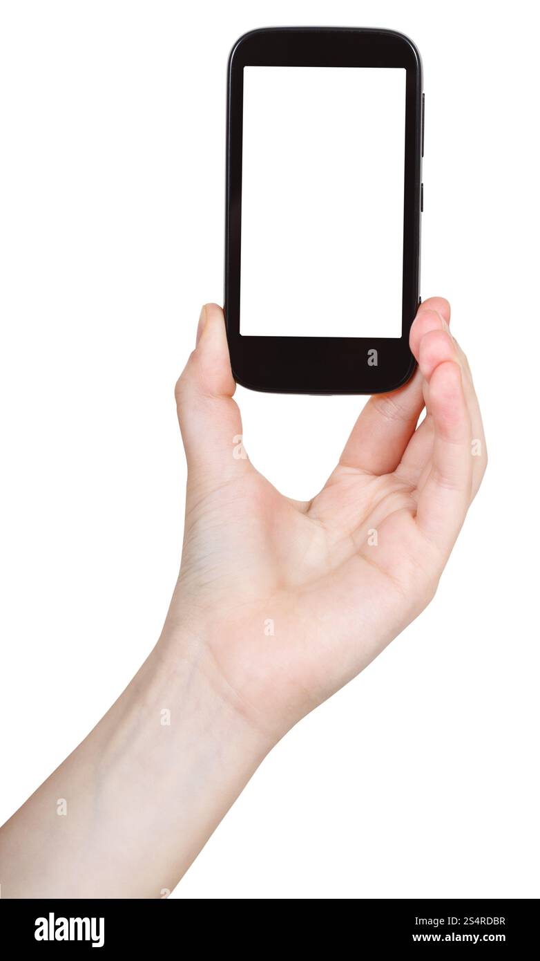 Tenere in mano comunicatore digitale con taglio fuori schermo isolato su sfondo bianco Foto Stock