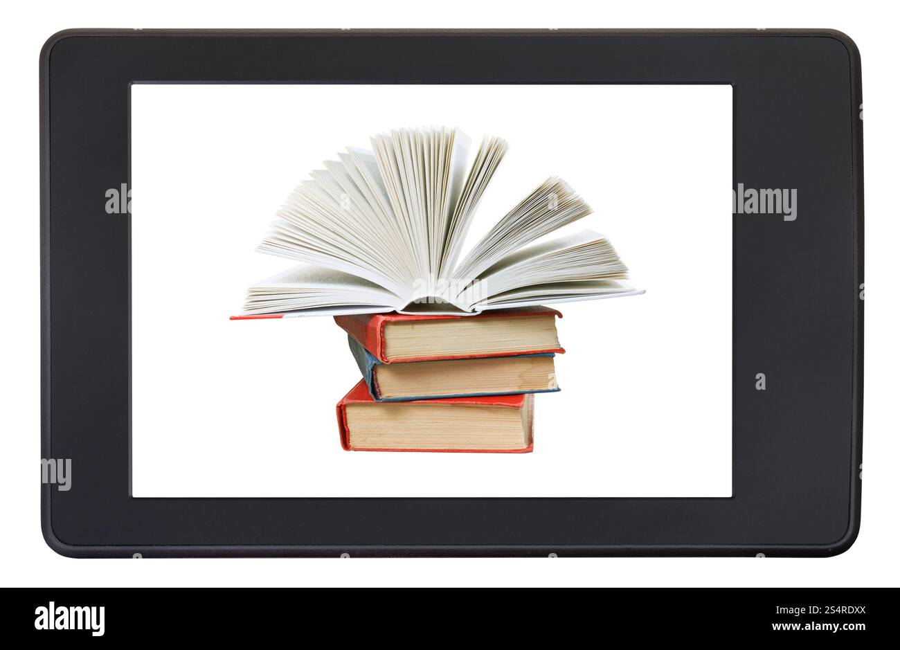 Pila libri sullo schermo del lettore di e-book isolati su sfondo bianco Foto Stock