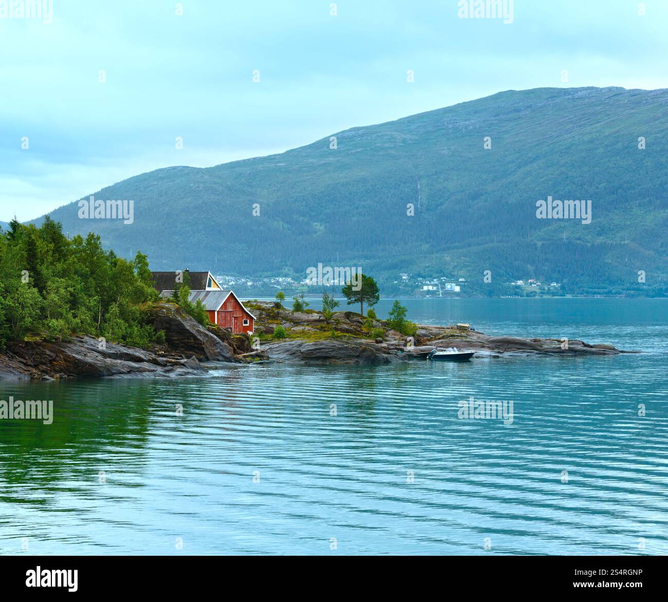 Fiordo vista nuvolosa estiva con casa in legno sulla costa (Norvegia) Foto Stock