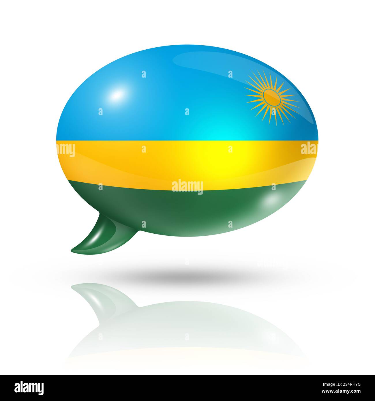 Bandiera del Ruanda tridimensionale in una bolla di discorso isolata su bianco con percorso di ritaglio. Bolla di bandiera del Ruanda Foto Stock
