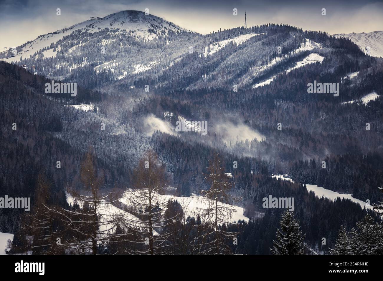 Tonica foto del vento che soffia sulla sommità delle montagne innevate con la foresta Foto Stock