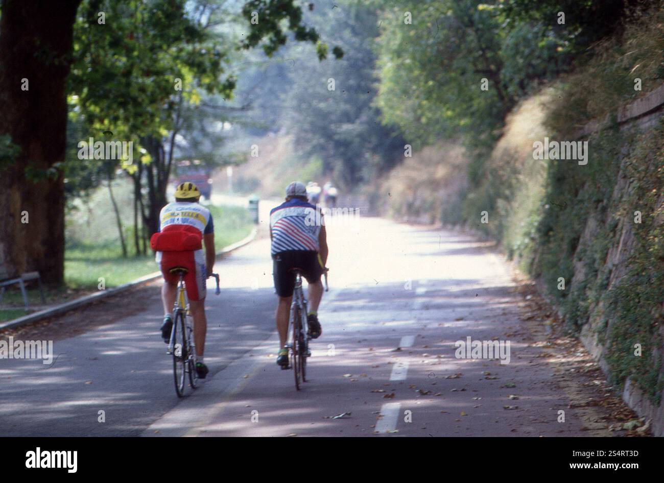 Atleti di triathlon sulle loro moto durante una gara, Italia anni '1990 Foto Stock