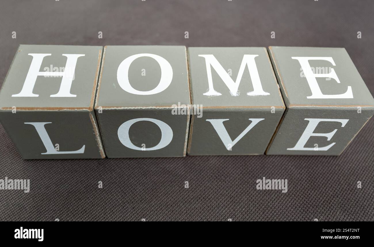 Primo piano della parole di amore e di home scritto sui mattoni in legno Foto Stock