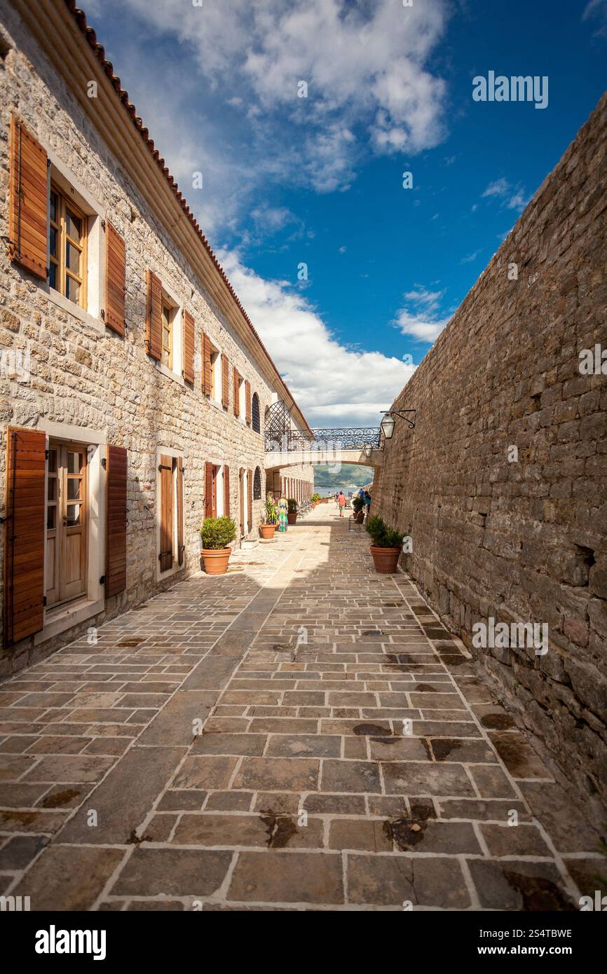 Foto della vecchia cittadella di pietra sulla costa del mare alla città di Budva, Montenegro Foto Stock