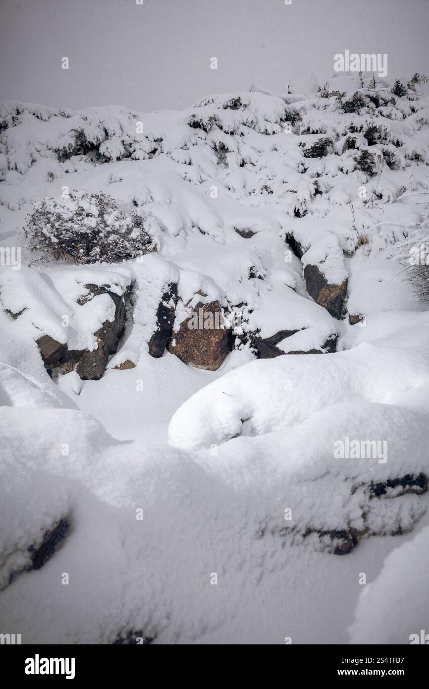 Colpo all'aperto di scogliere coperte di neve a tempesta di neve Foto Stock Colpo all'aperto di scogliere coperte di neve a tempesta di neve Foto Stock