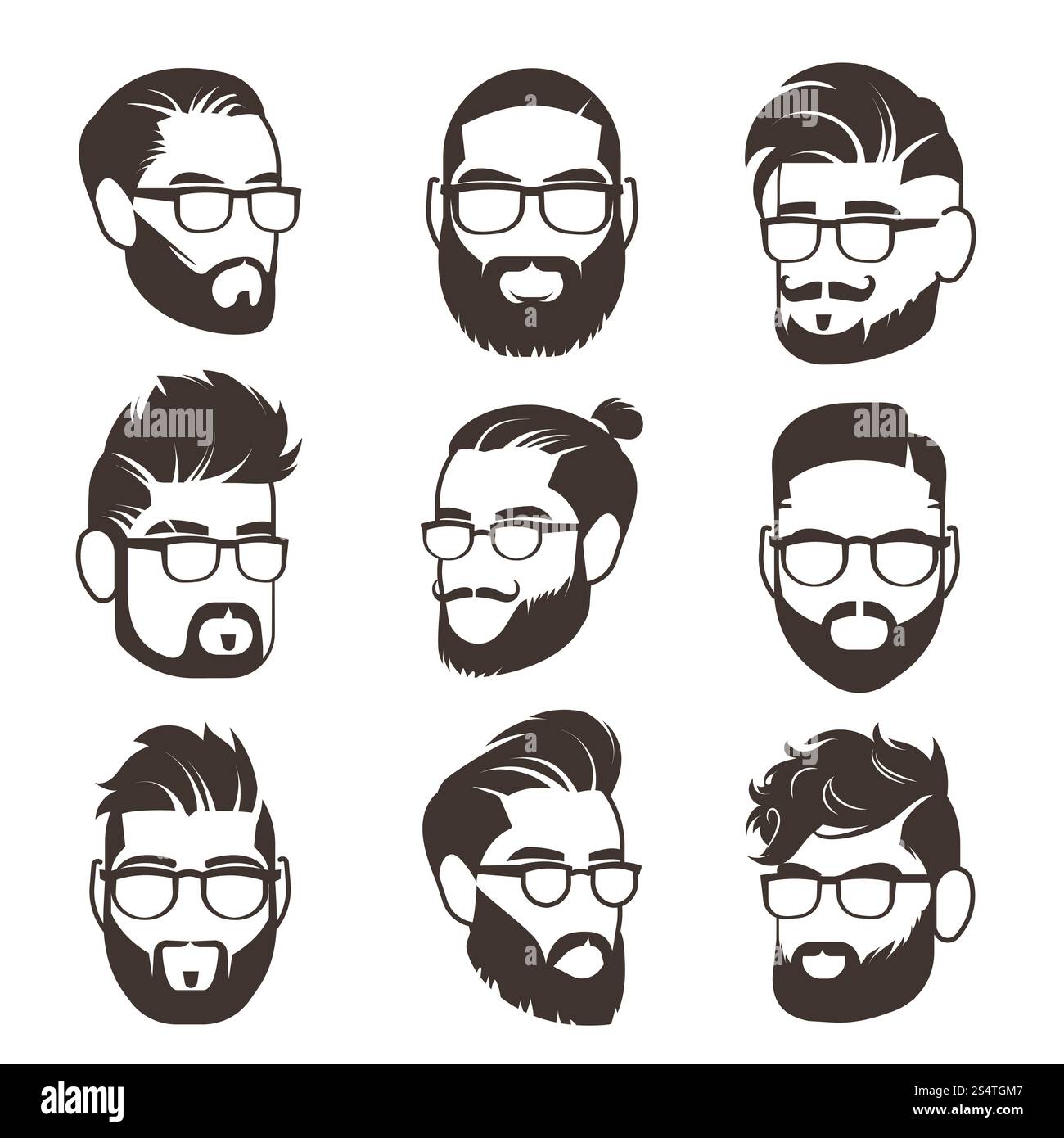 Bell'uomo hipster barbuto con baffi e moderni avatar vettoriali maschili isolati. Viso con barba e baffi, illustrazione del personaggio con silhouette da gentiluomo. Bell'uomo hipster barbuto con baffi e moderni avatar vettoriali maschili isolati Illustrazione Vettoriale