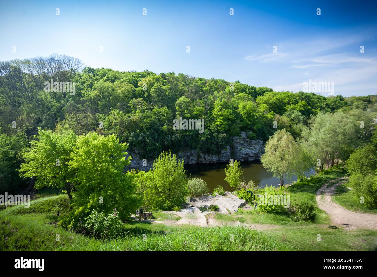 Bellissimo paesaggio della foresta, al fiume e al profondo blu del cielo Foto Stock