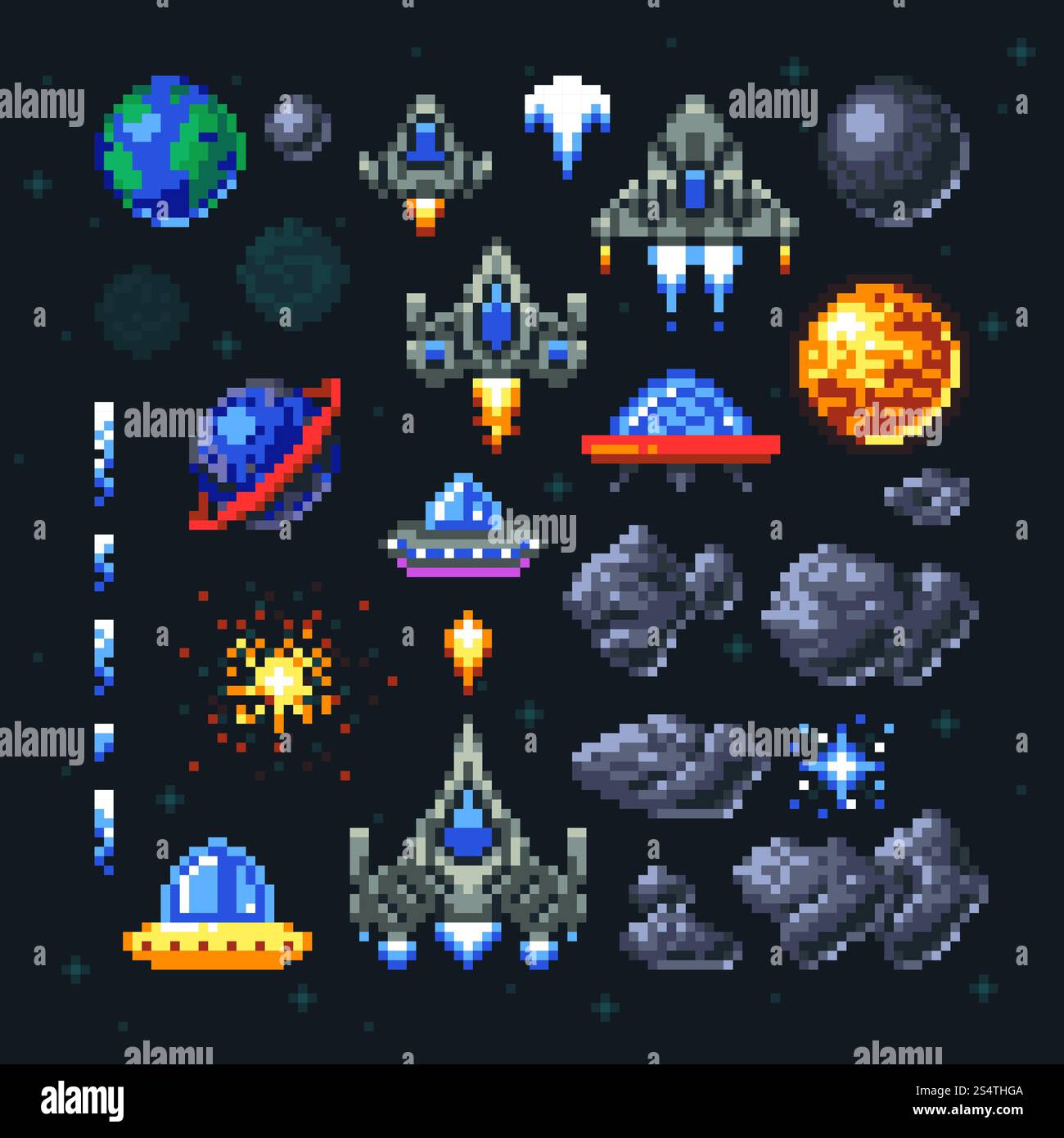 Elementi pixel di gioco arcade spazio retrò. Invasori, astronavi, pianeti e set di vettori ufo. Videogioco arcade in pixel art, illustrazione di astronave e razzo invasore. Elementi pixel di gioco arcade spazio retrò. Invasori, astronavi, pianeti e set di vettori ufo Illustrazione Vettoriale