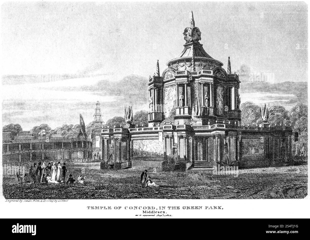 Incisione del Tempio di Concord, nel Green Park, Middlesex come apparve nell'agosto 1814 scansionata ad alta risoluzione da un libro pubblicato intorno al 1815. Foto Stock