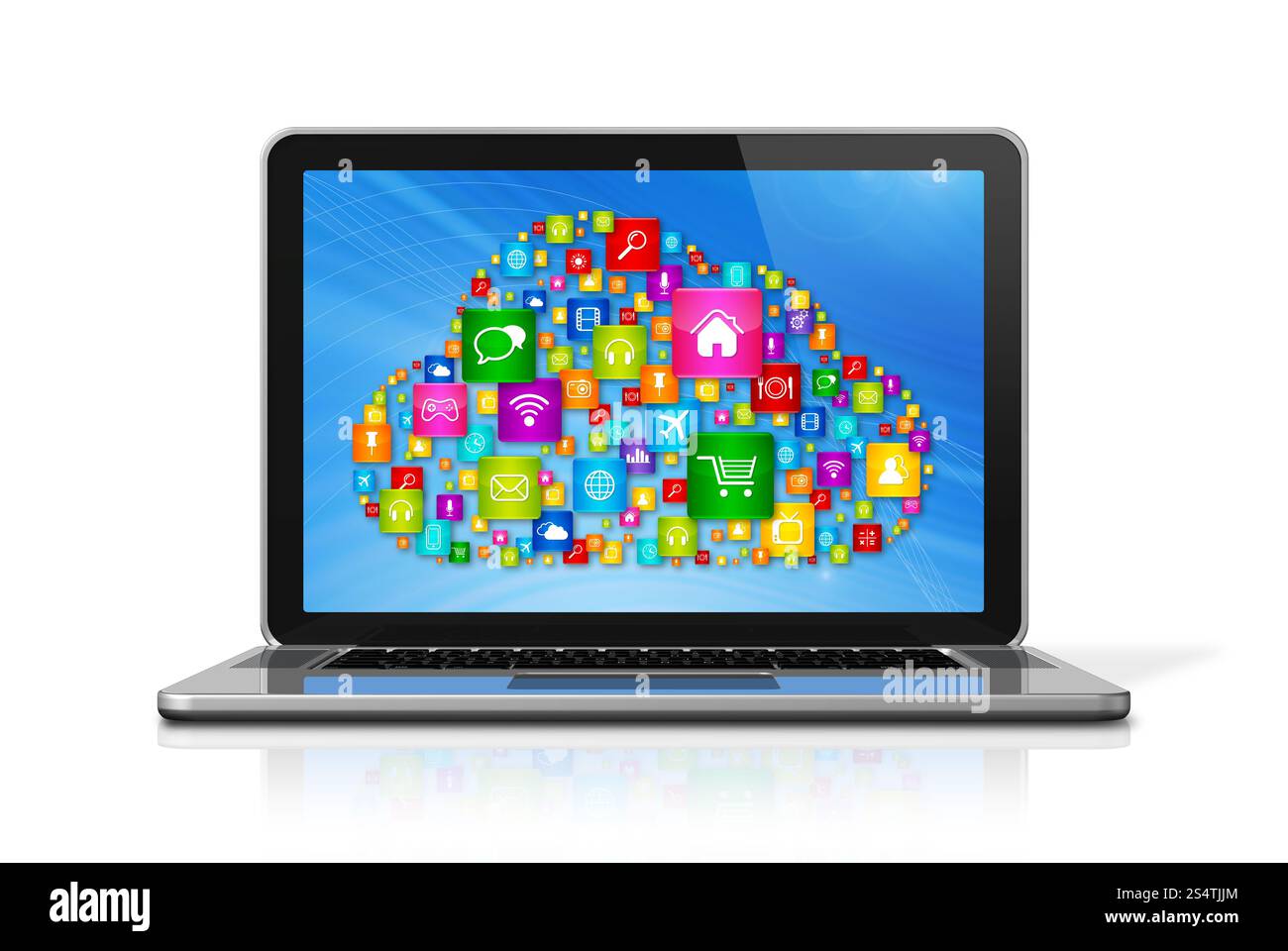 Computer portatile 3D isolato su bianco con percorso di ritaglio. Concetto di cloud computing. Notebook di cloud computing Foto Stock