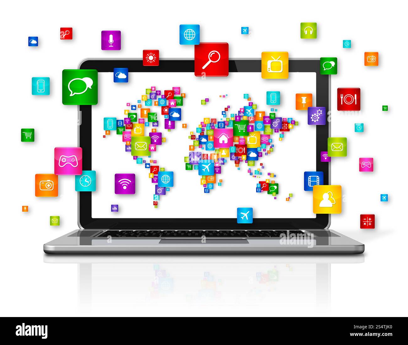Computer portatile 3D isolato su bianco. Concetto mondiale di cloud computing. Notebook di cloud computing Foto Stock