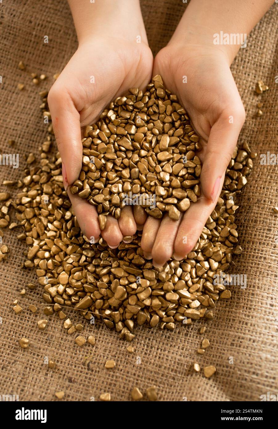 Closeup foto concettuale della donna che mantiene i risparmi di una vita in oro in mani Foto Stock