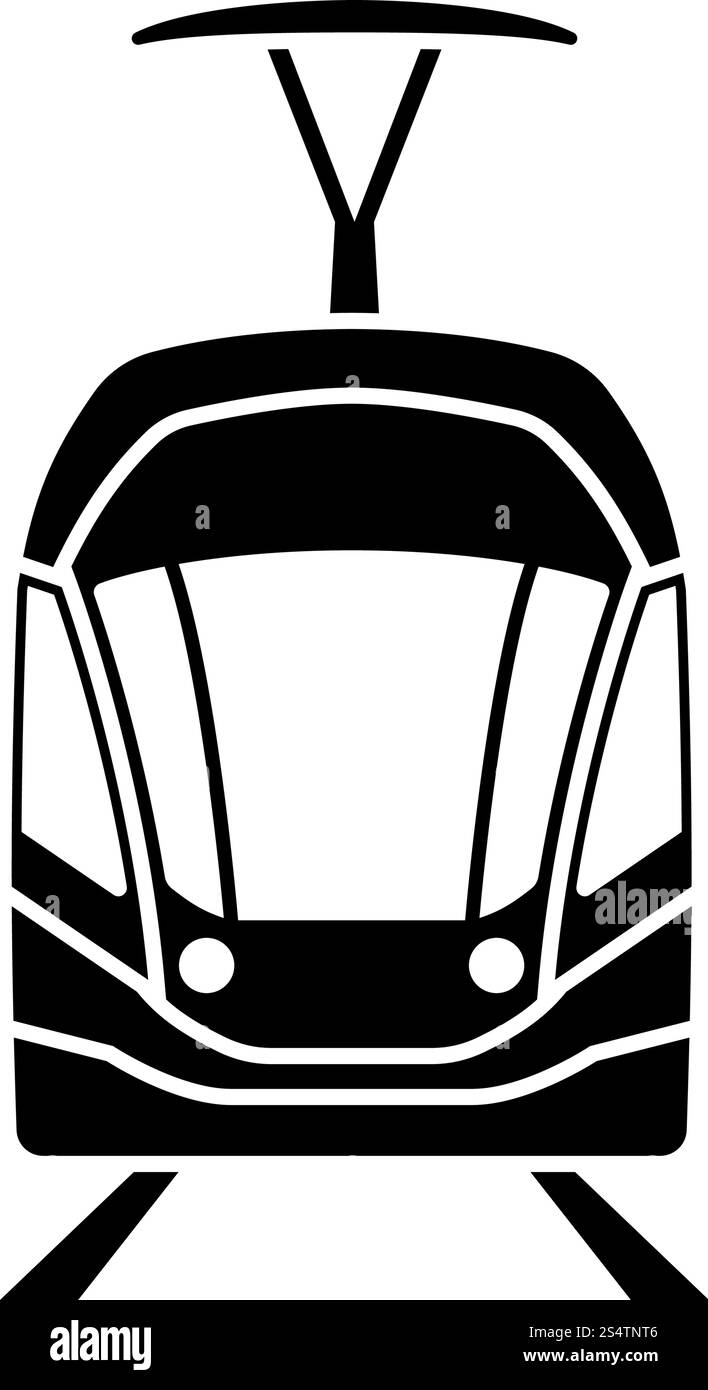 Icona del Tram vista frontale. Nero su bianco. Illustrazione Vettoriale. Illustrazione Vettoriale