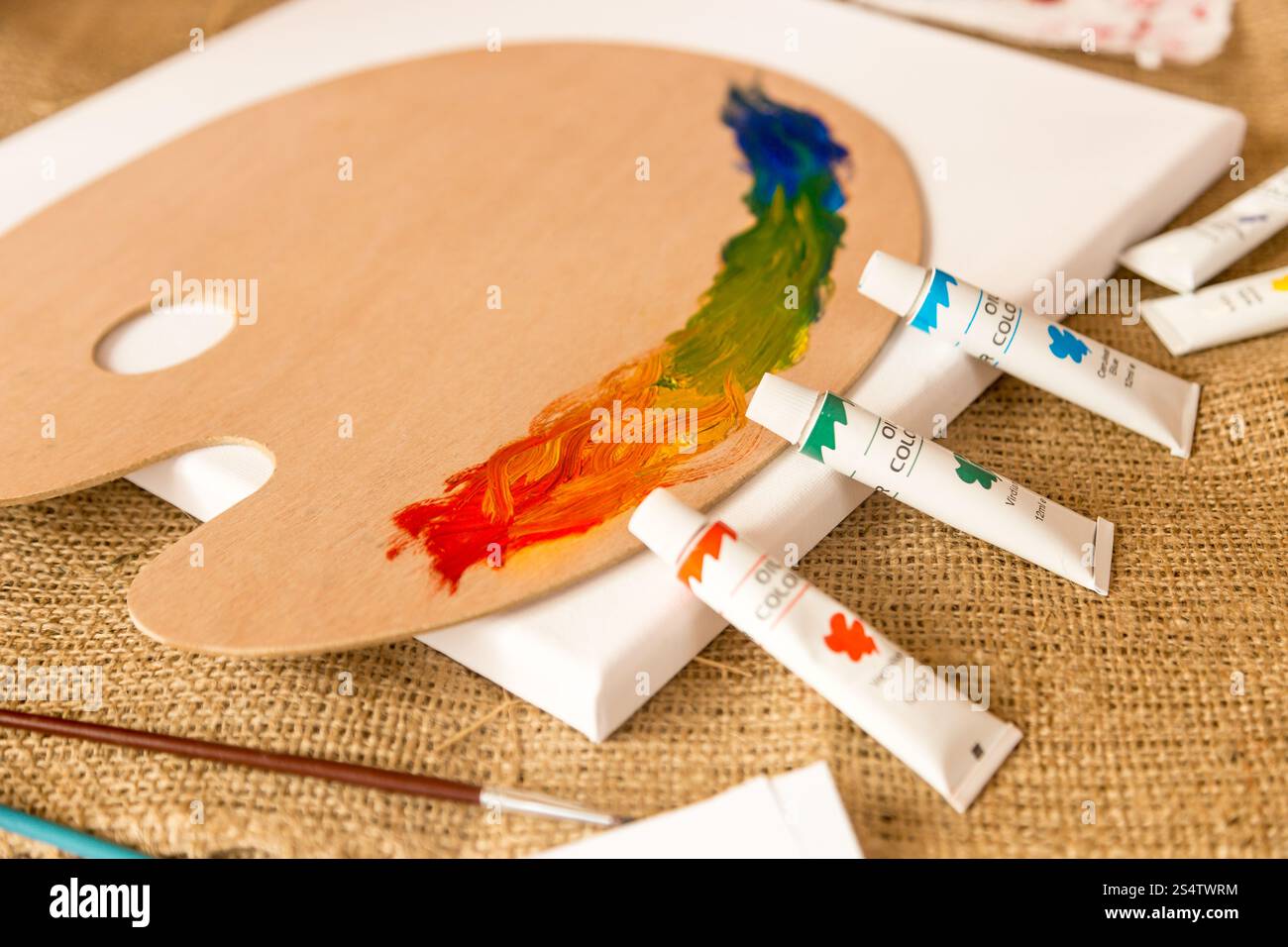 I tubi con la pittura a olio giacente su tela e pallet con colori diversi Foto Stock