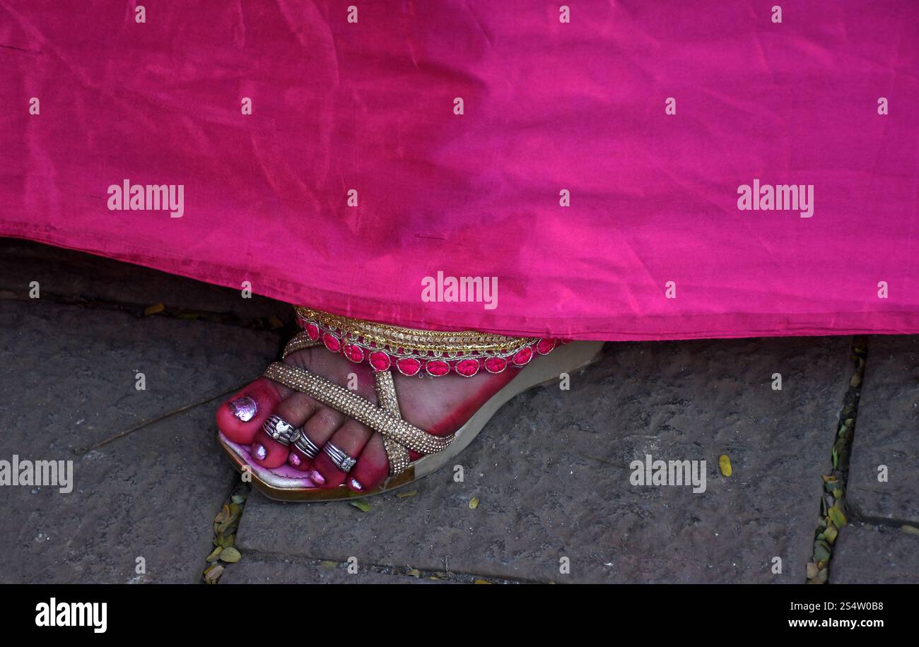 Mumbai, India. 13 gennaio 2025. Un transgender è in coda durante il Pink Rally di Mumbai. Pink Rally è stato tenuto dai membri della comunità transgender per creare consapevolezza sui diritti legali e costituzionali delle persone transgender in India, promuovendo al contempo l'inclusività, l'uguaglianza e la dignità. Ha anche evidenziato questioni urgenti come l'accesso all'istruzione, all'assistenza sanitaria, all'occupazione e ai regimi di assistenza sociale per le persone transgender. (Foto di Ashish Vaishnav/SOPA Images/Sipa USA) credito: SIPA USA/Alamy Live News Foto Stock