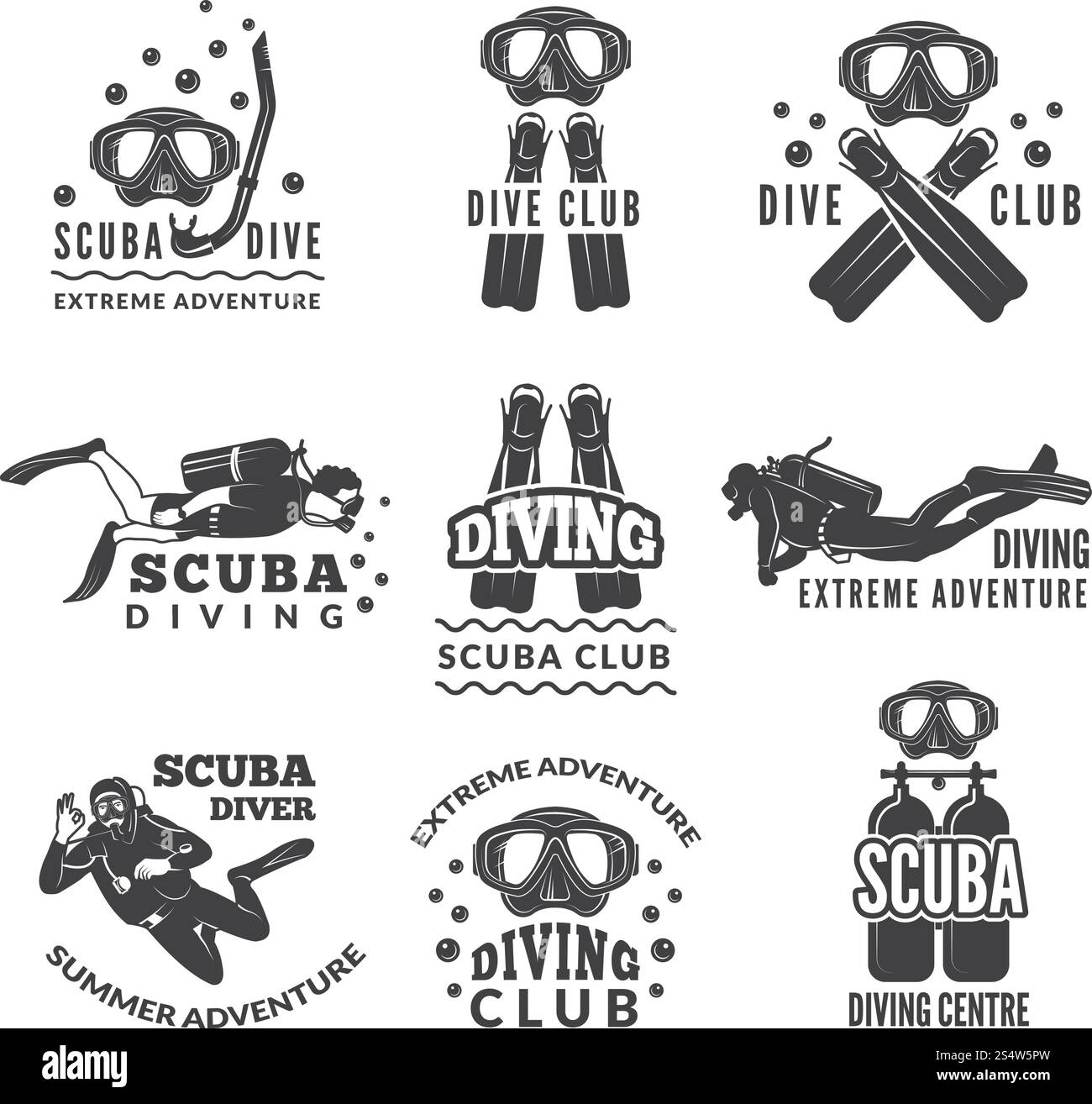 Etichette o loghi per club di immersione. Set di immagini vettoriali di subacquei e diverse attrezzature specifiche. Illustrazione di immersioni subacquee con lo snorkeling, emblema dello sport hobby. Etichette o loghi per club di immersione. Set di immagini vettoriali di subacquei e diverse attrezzature specifiche Illustrazione Vettoriale