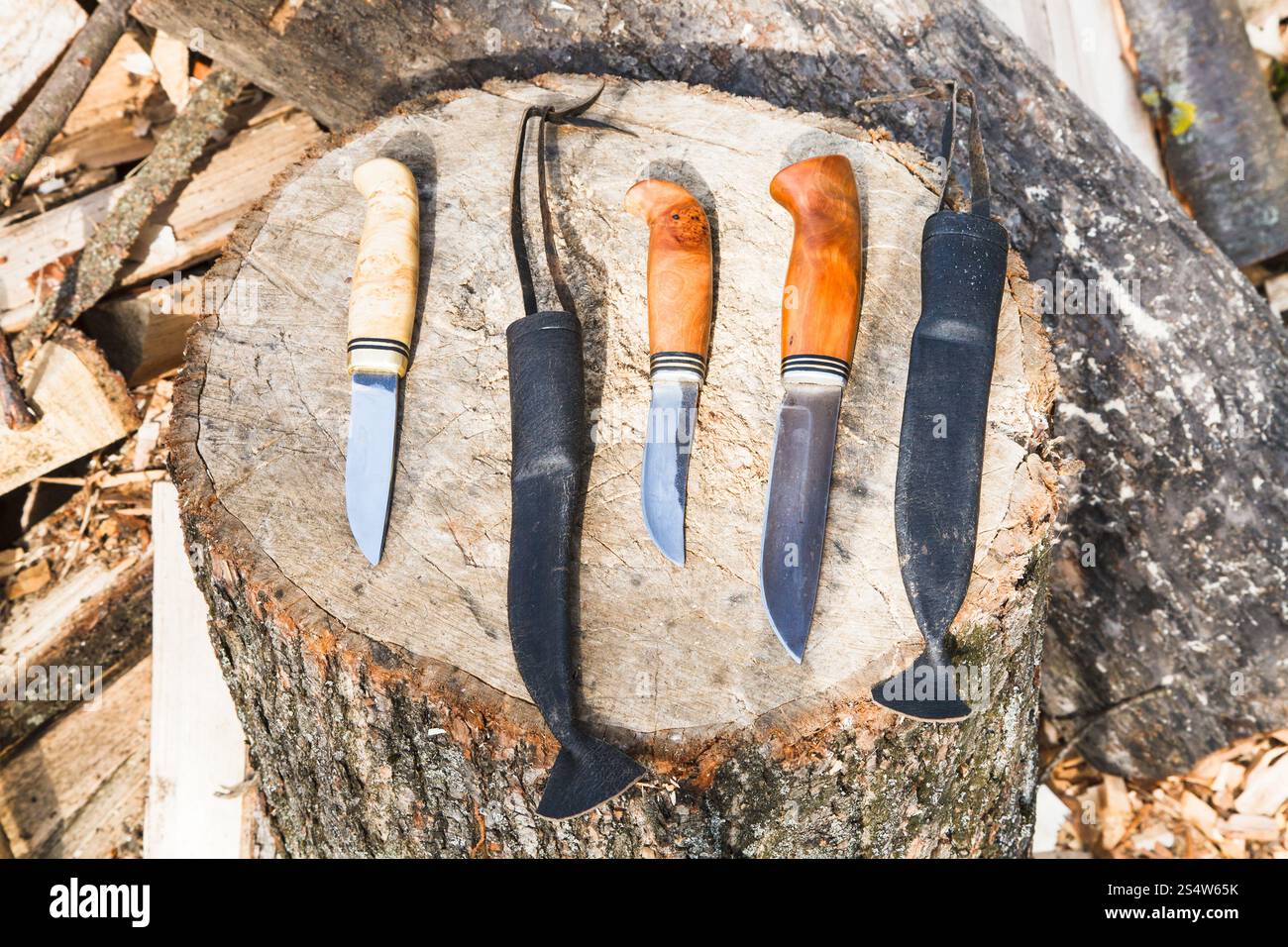 Fatto a mano coltelli da caccia sul moncone di legno Foto Stock