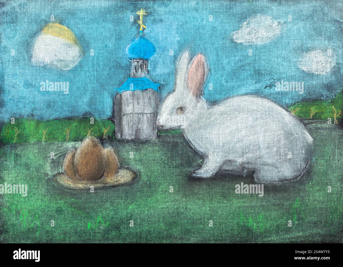 Bambini disegno dei simboli pasquali - chiesa, le uova, il coniglietto di Pasqua all'aperto da pastello secco Foto Stock