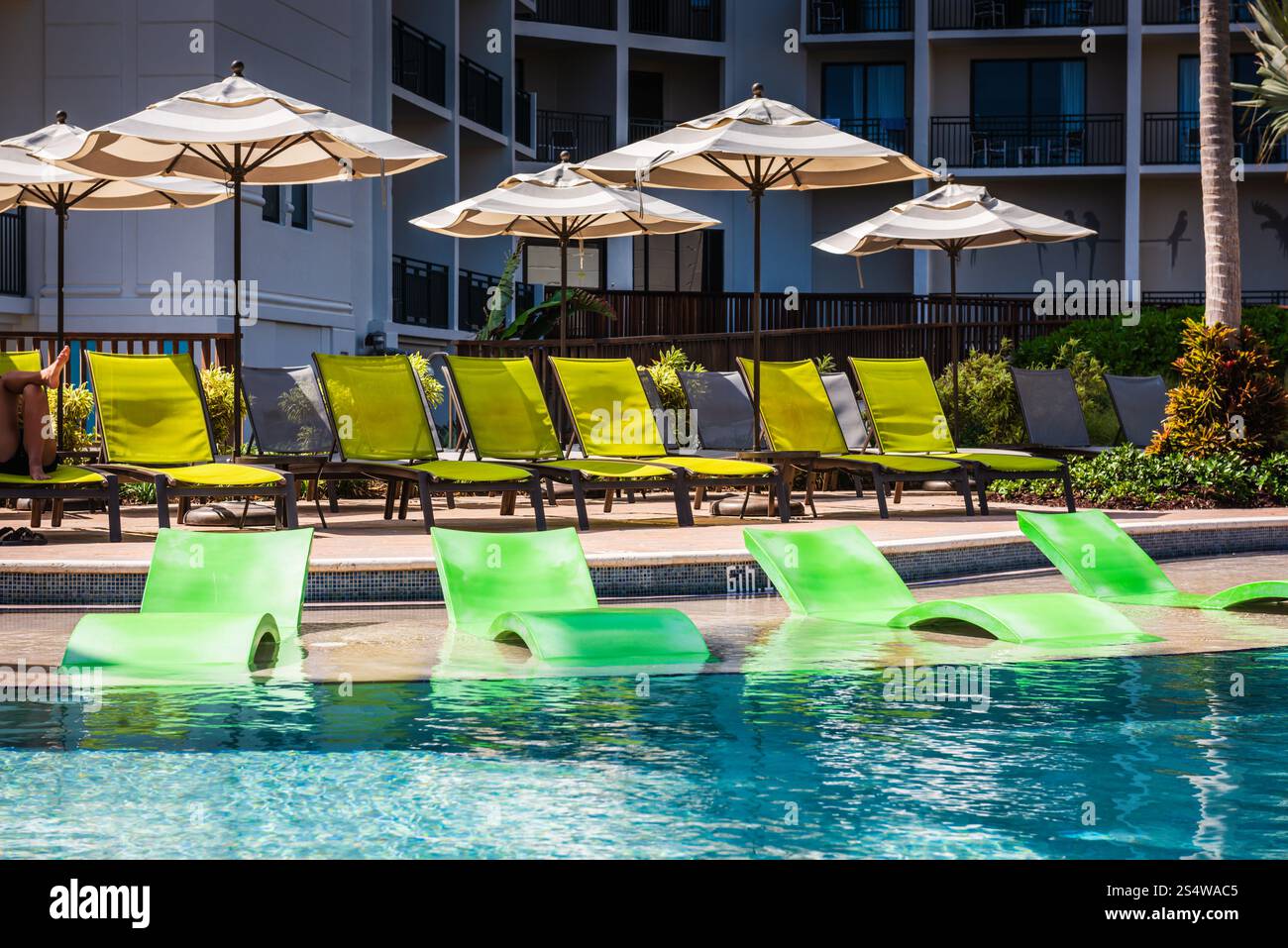 Rio grande, Porto Rico - 7 marzo 2018: Solarium e sedie a sdraio in piscina presso il pool Wyndham Grand Río Mar Puerto Rico Golf and Beach Resort. Foto Stock