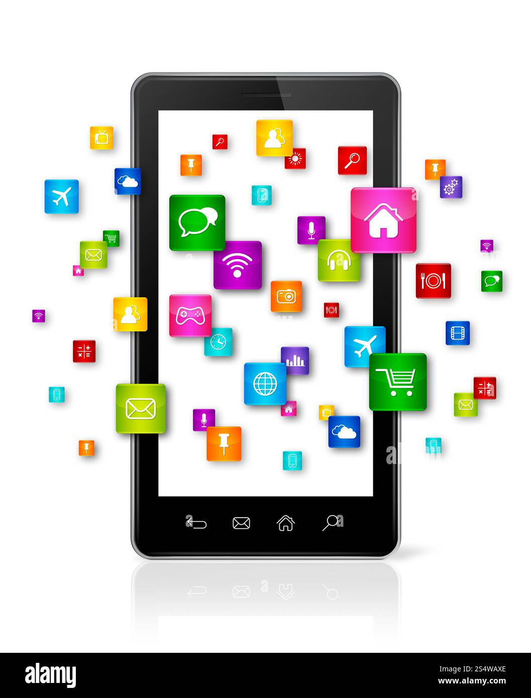 Icone delle app che volano intorno allo smartphone - sfondo bianco. Icone delle app che volano intorno al telefono cellulare Foto Stock