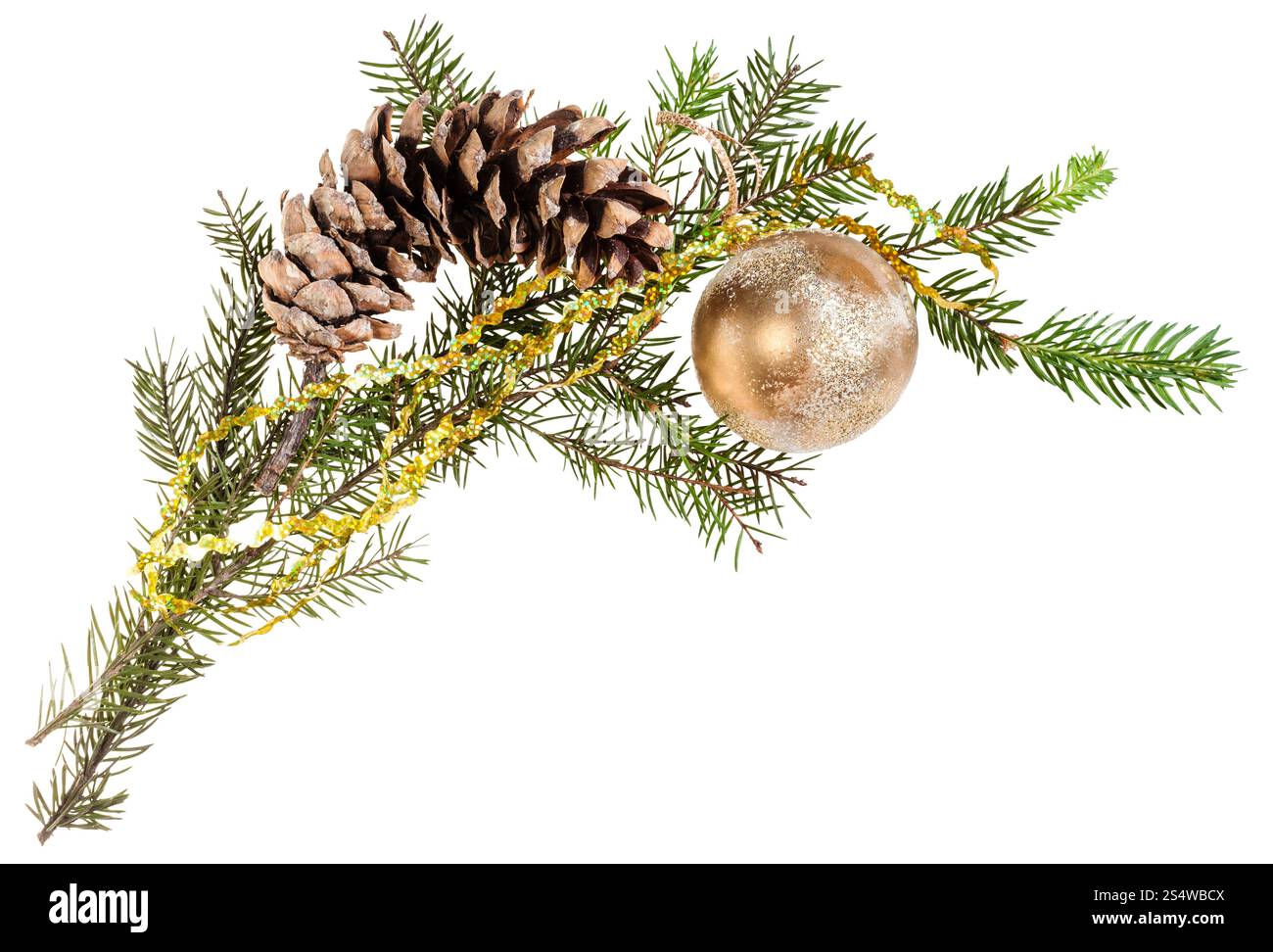 Dettaglio del telaio di natale - ramo di albero di abete rosso con cono e sfera di oro su sfondo bianco Foto Stock
