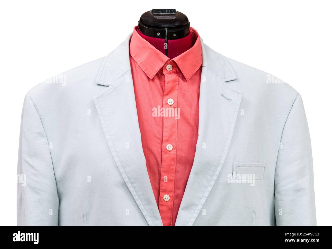 Abito casual su manichino sarto - cotone blu giacca con camicia rossa close up isolati su sfondo bianco Foto Stock