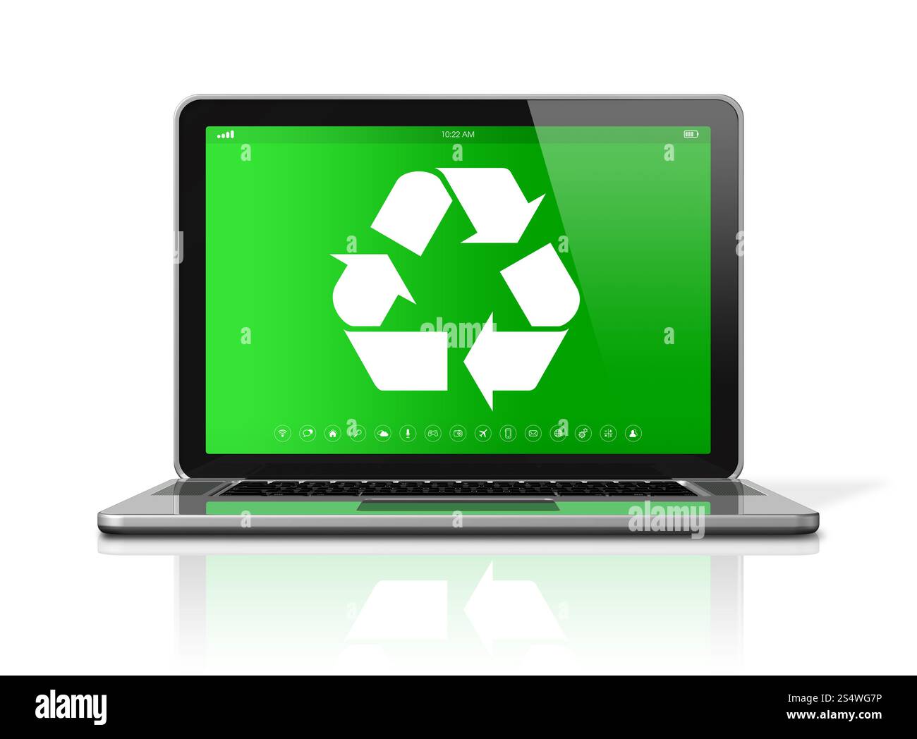 Notebook 3D con simbolo di riciclaggio sullo schermo. concetto di conservazione ambientale. Laptop con simbolo di riciclaggio sullo schermo. conservazione dell'ambiente Foto Stock