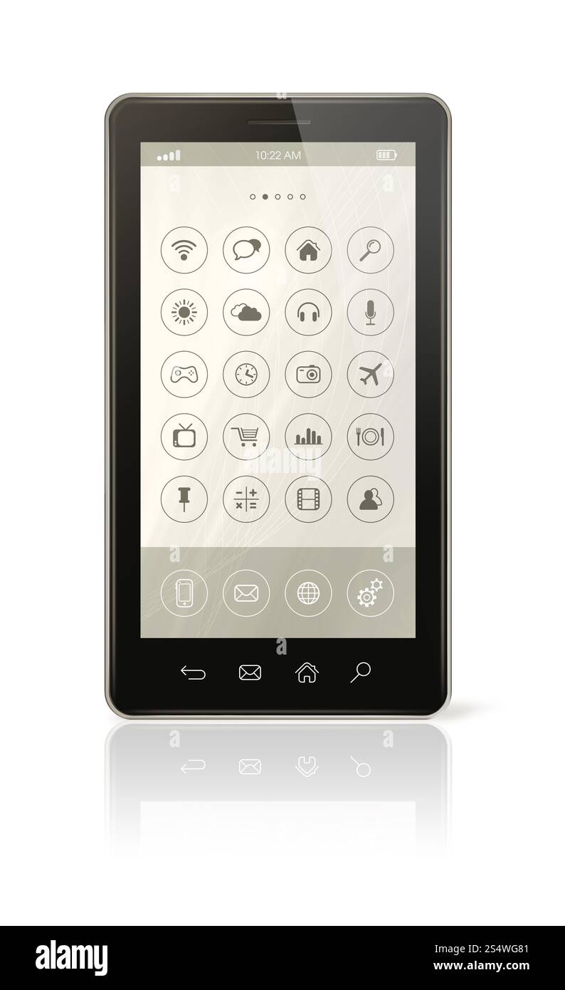 Smartphone 3D con interfaccia icone - isolato su bianco con percorso di ritaglio. Smartphone con interfaccia icone Foto Stock