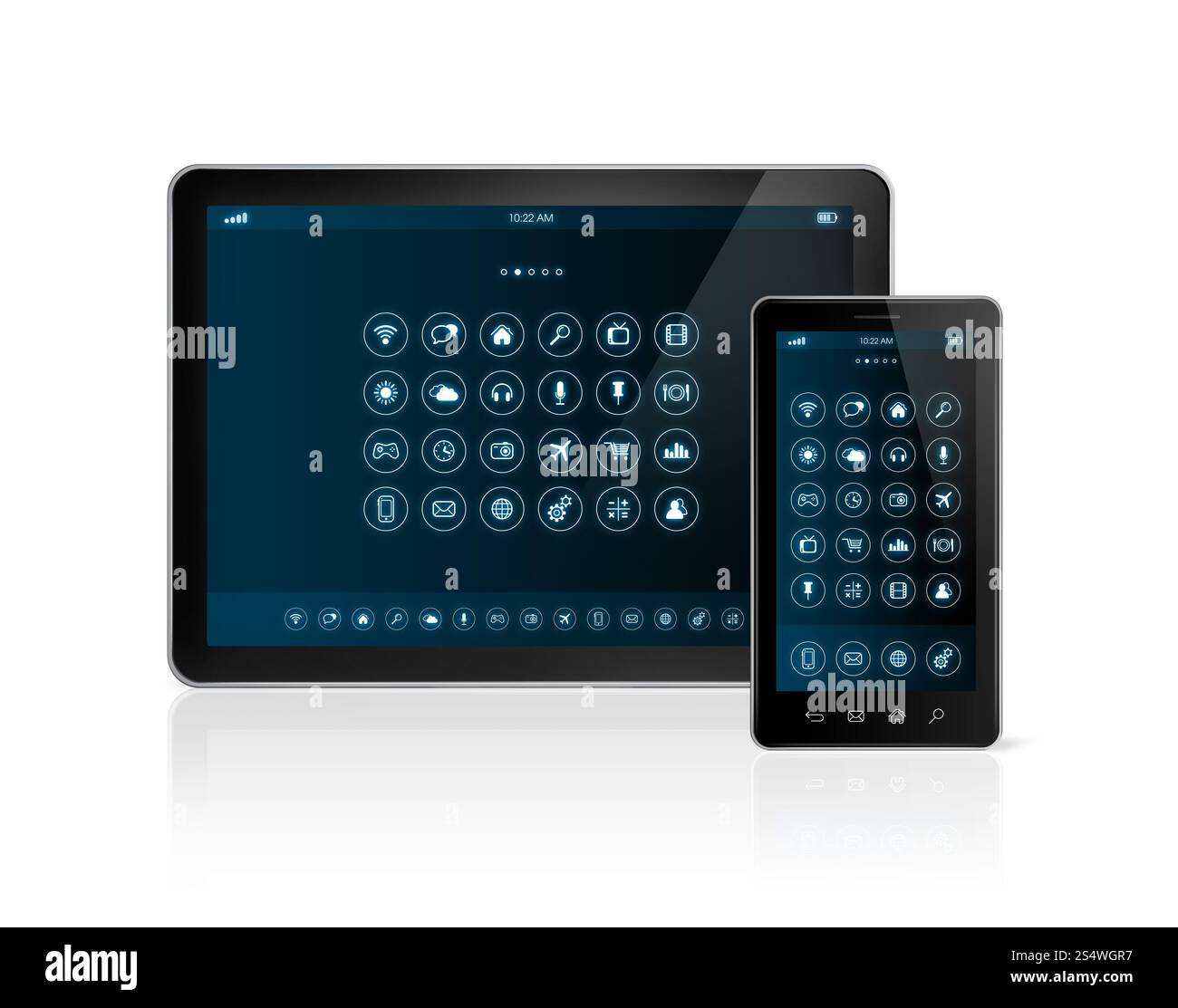 Tablet pc digitale 3D e smartphone con interfaccia icone delle app, isolata sul bianco con percorso di ritaglio. tablet pc digitale e smartphone con app Foto Stock