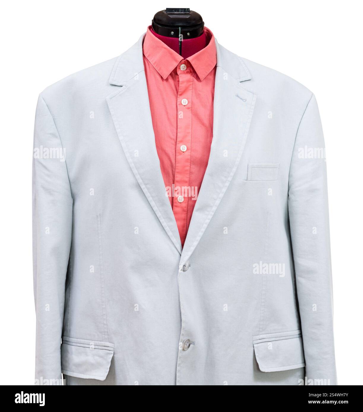 Abito casual su manichino sarto - cotone blu giacca con camicia rossa isolato su sfondo bianco Foto Stock
