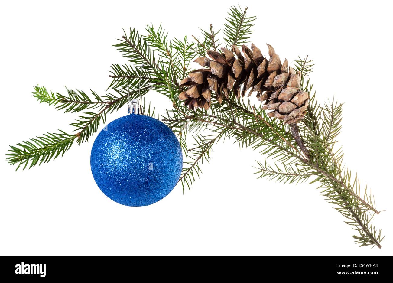 Dettaglio del telaio di natale - ramo di abete con cono e sfera blu su sfondo bianco Foto Stock