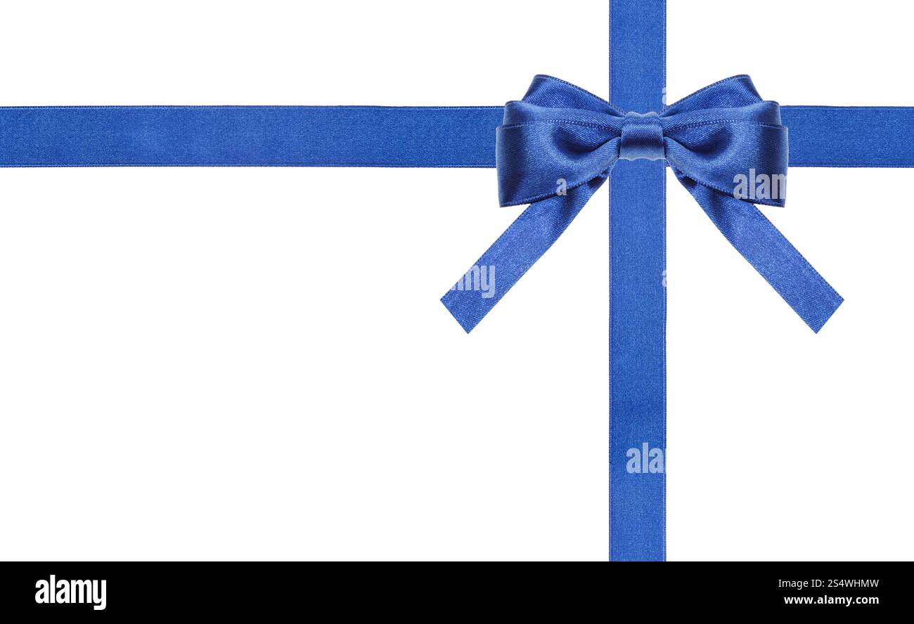 Uno blu satin nell'angolo superiore destro e due nastri di intersezione isolata orizzontali su sfondo bianco Foto Stock