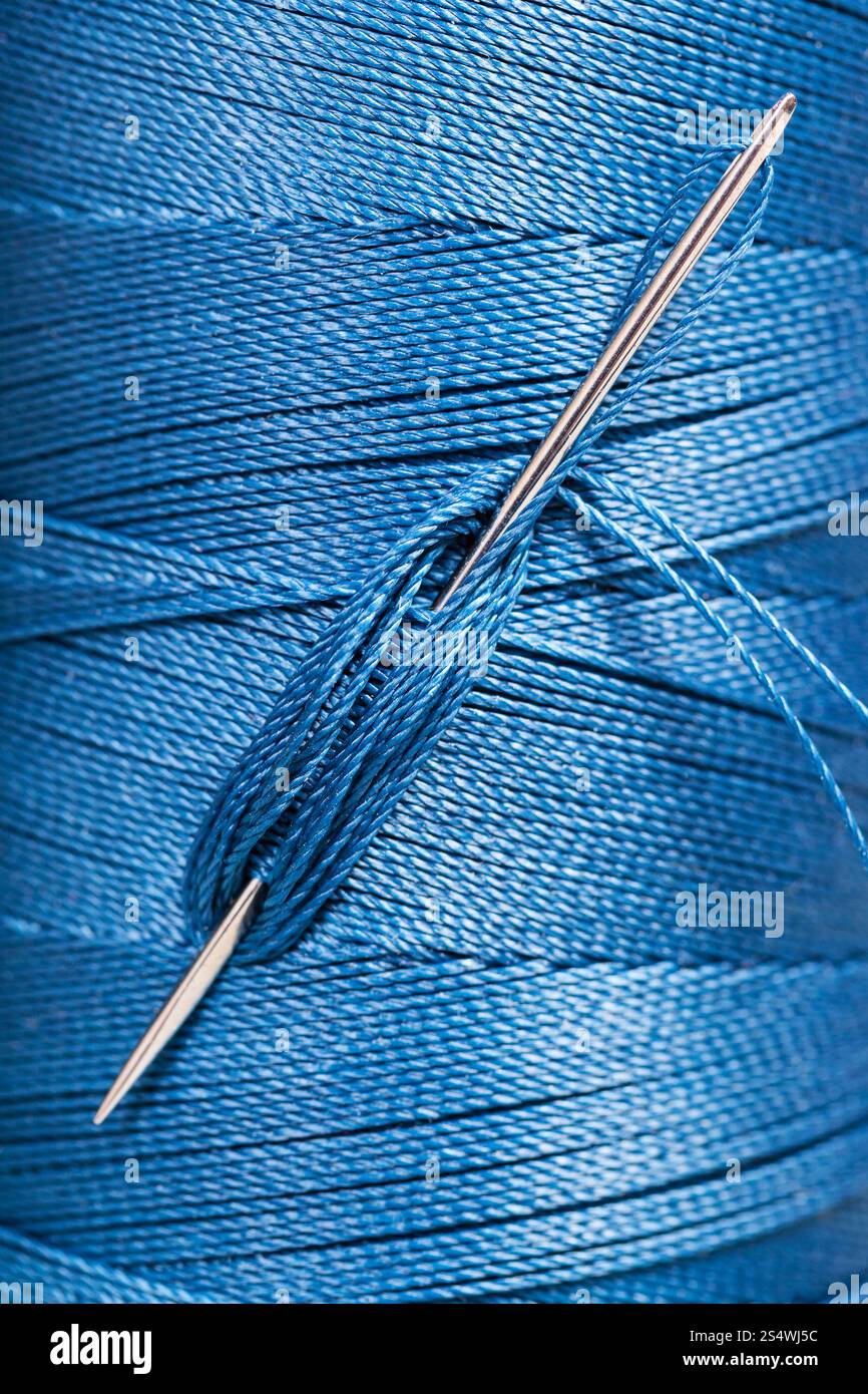 Ago di cucitura in filo blu lo stelo close up Foto Stock