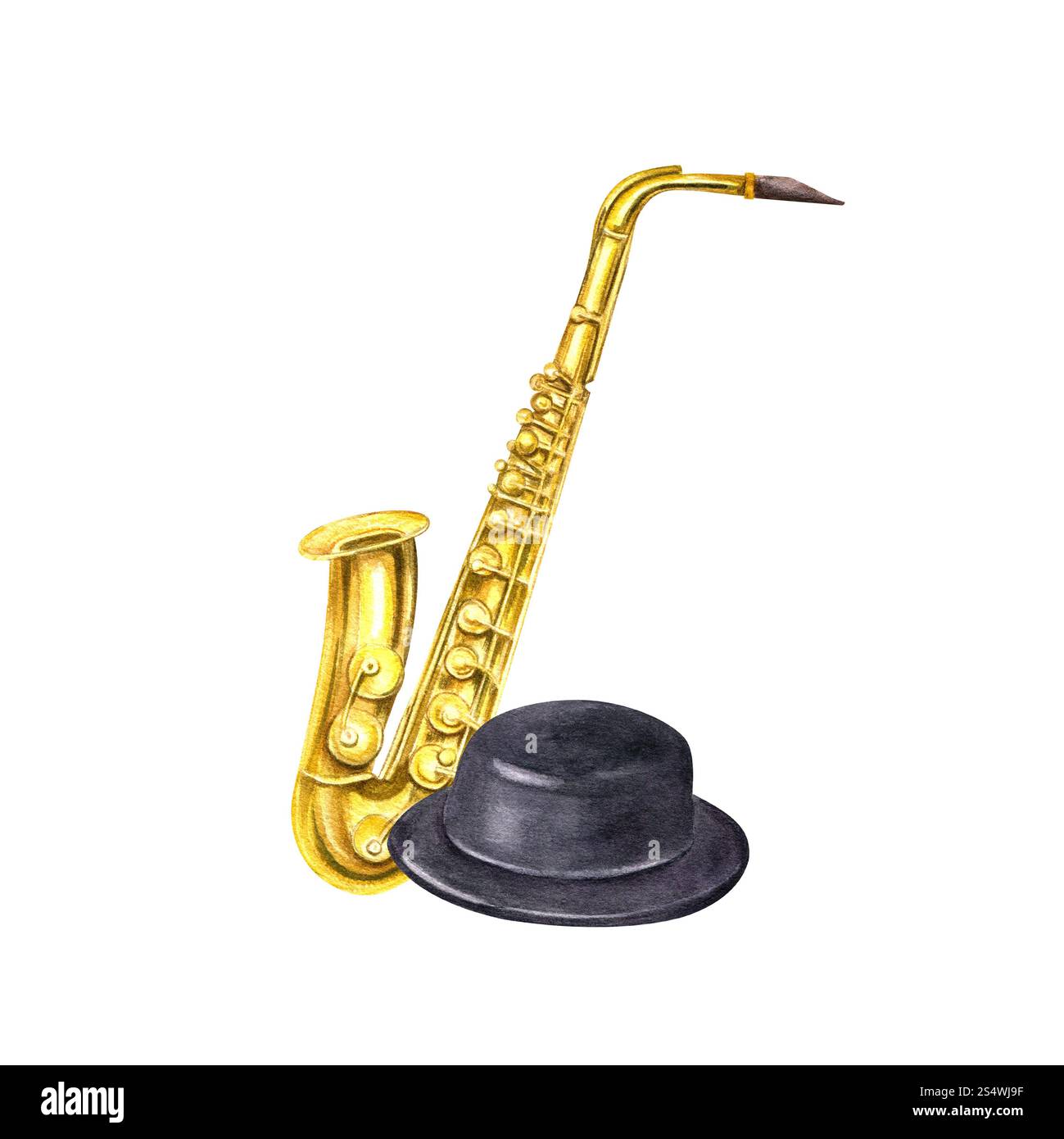 Sassofono in ottone lucido ad acquerello con illustrazione a cappello nero. Strumento musicale Wind Gold e berretto in feltro derby in stile realistico. Per il festival jazz Foto Stock